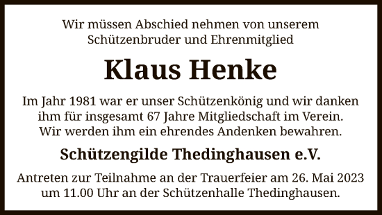 Traueranzeige von Klaus Henke von SYK