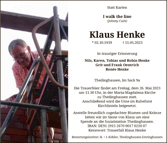 Traueranzeige von Klaus Henke von SYK