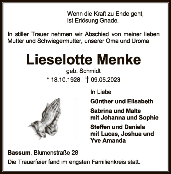 Traueranzeige von Lieselotte Menke von SYK