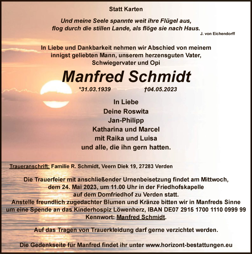  Traueranzeige für Manfred Schmidt vom 17.05.2023 aus SYK