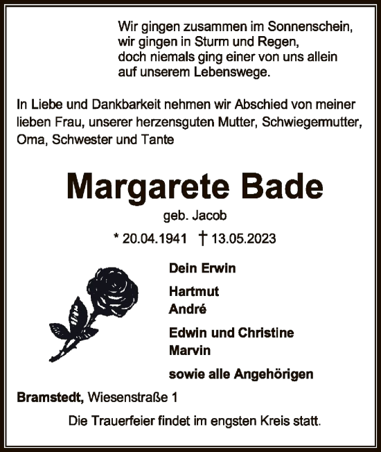 Traueranzeige von Margarete Bade von SYK