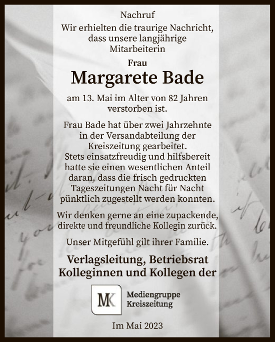 Traueranzeige von Margarete Bade von SYK