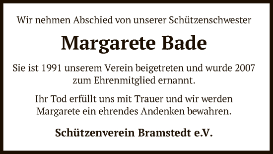 Traueranzeige von Margarete Bade von SYK