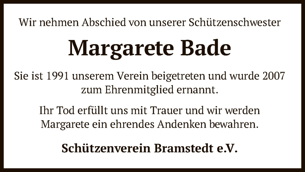  Traueranzeige für Margarete Bade vom 20.05.2023 aus SYK