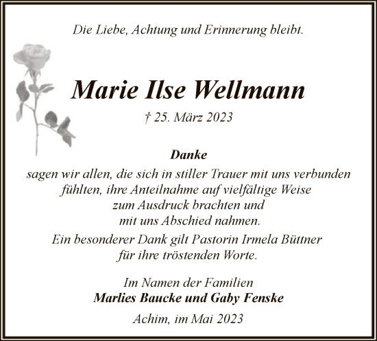 Traueranzeige von Marie Ilse Wellmann von SYK