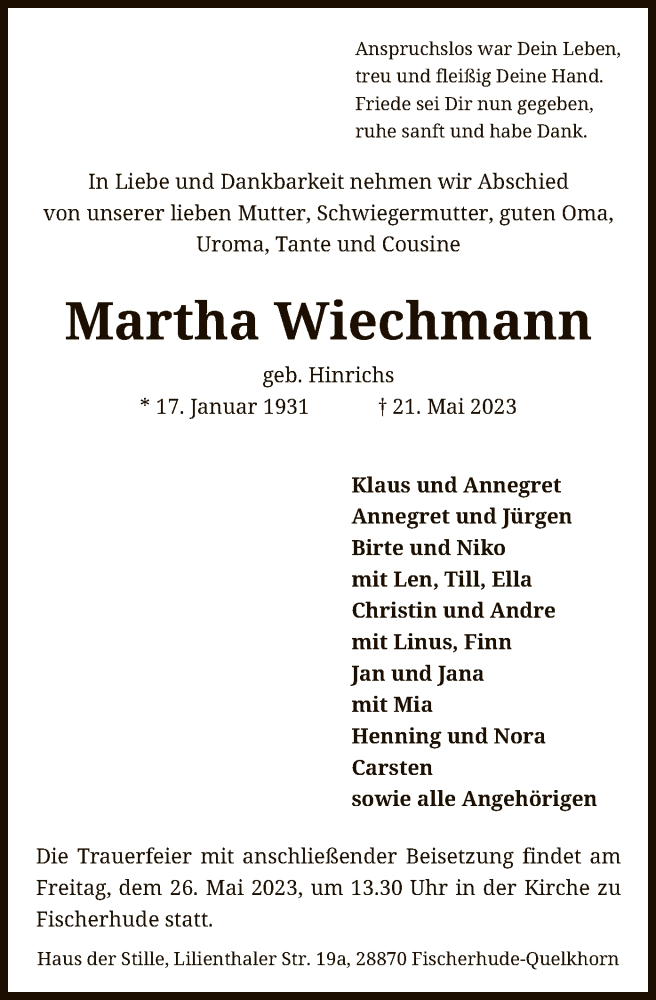  Traueranzeige für Martha Wiechmann vom 24.05.2023 aus SYK