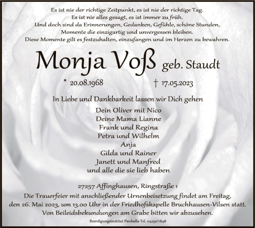  Traueranzeige für Monja Voß vom 20.05.2023 aus SYK