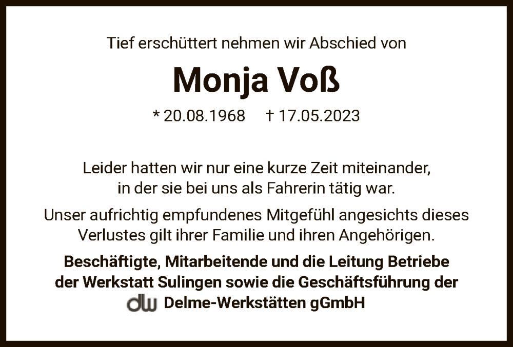  Traueranzeige für Monja Voß vom 27.05.2023 aus SYK