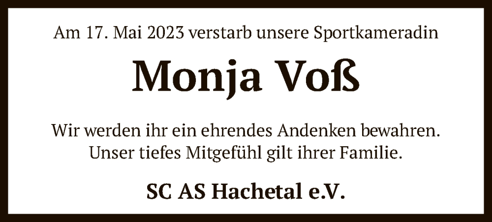  Traueranzeige für Monja Voß vom 31.05.2023 aus SYK