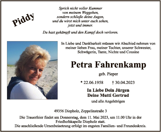 Traueranzeige von Petra Fahrenkamp von SYK