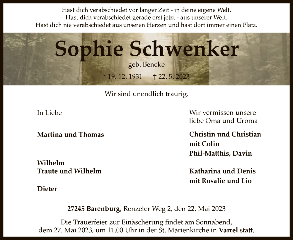 Traueranzeige für Sophie Schwenker vom 25.05.2023 aus SYK