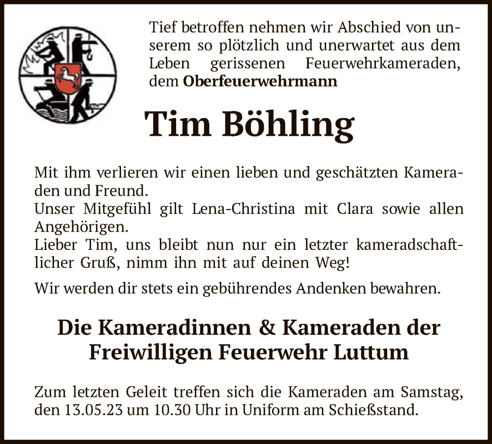  Traueranzeige für Tim Böhling vom 09.05.2023 aus SYK