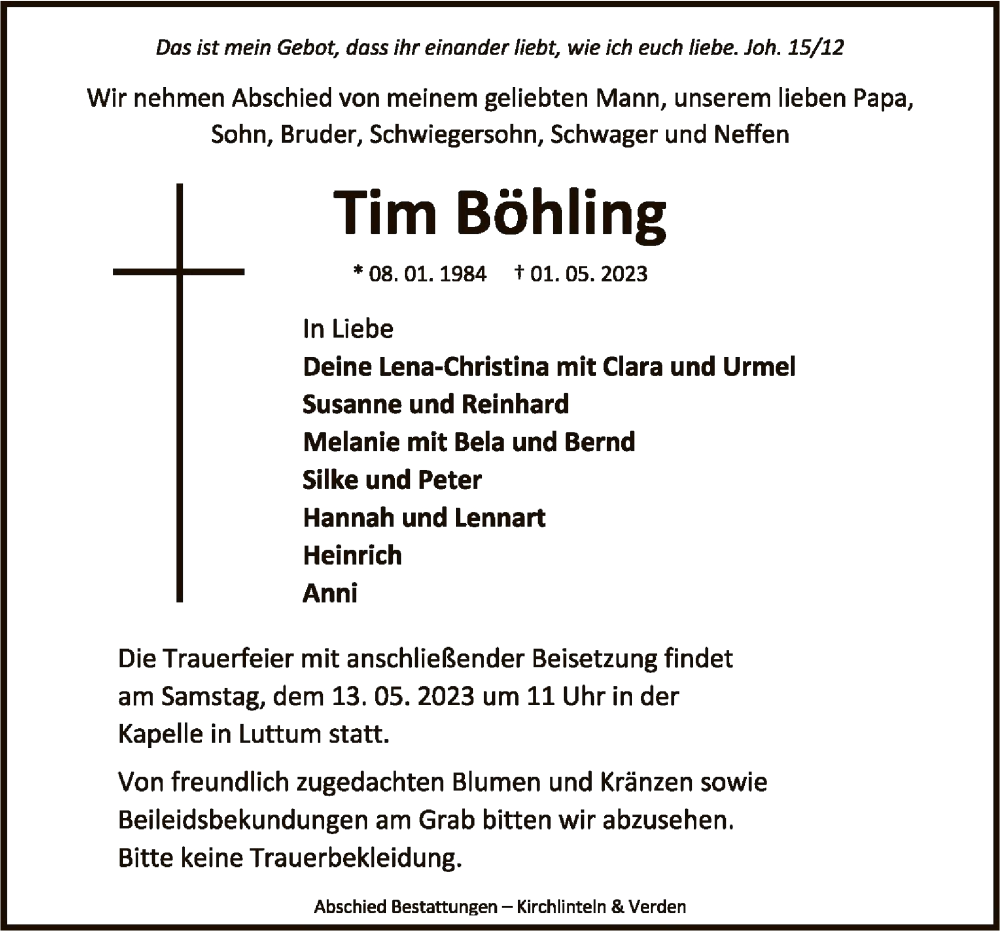  Traueranzeige für Tim Böhling vom 06.05.2023 aus SYK