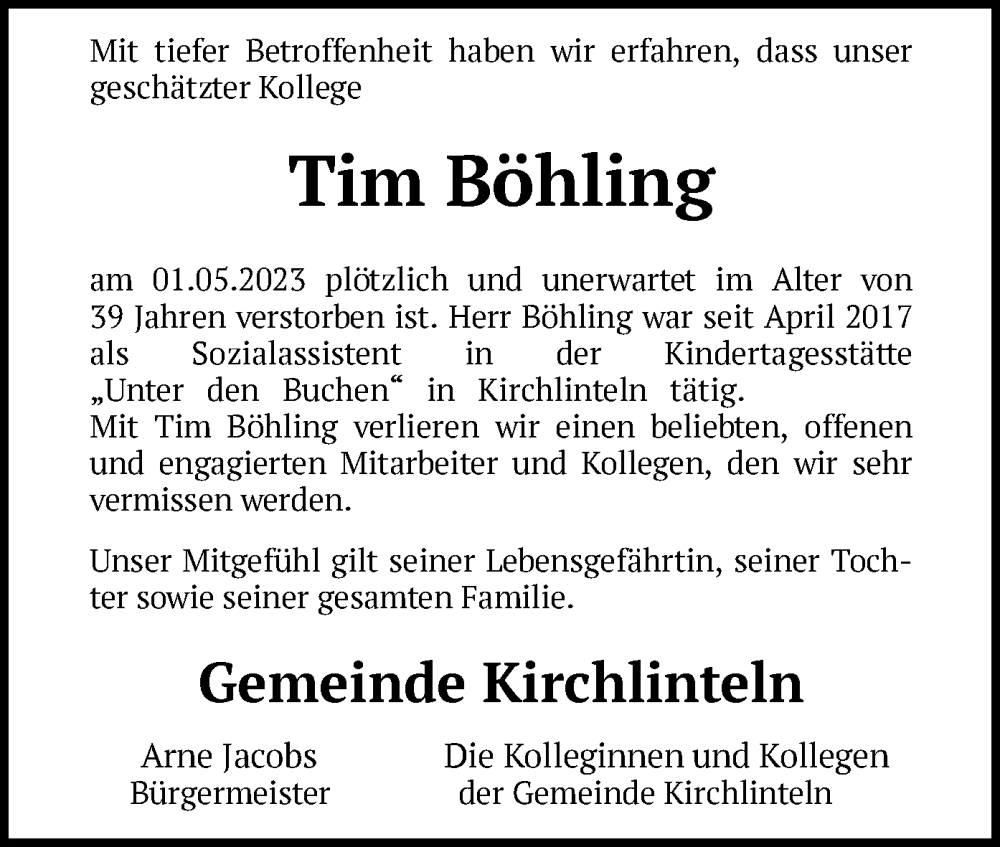  Traueranzeige für Tim Böhling vom 06.05.2023 aus SYK