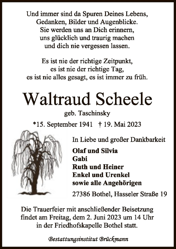  Traueranzeige für Waltraud Scheele vom 26.05.2023 aus SYK