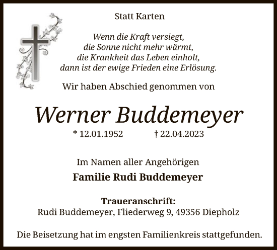 Traueranzeige von Werner Buddemeyer von SYK