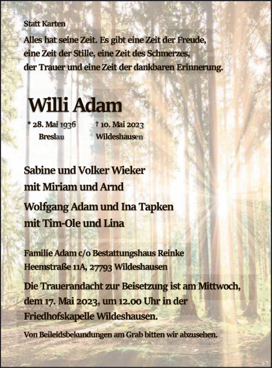 Traueranzeige von Willi Adam von SYK