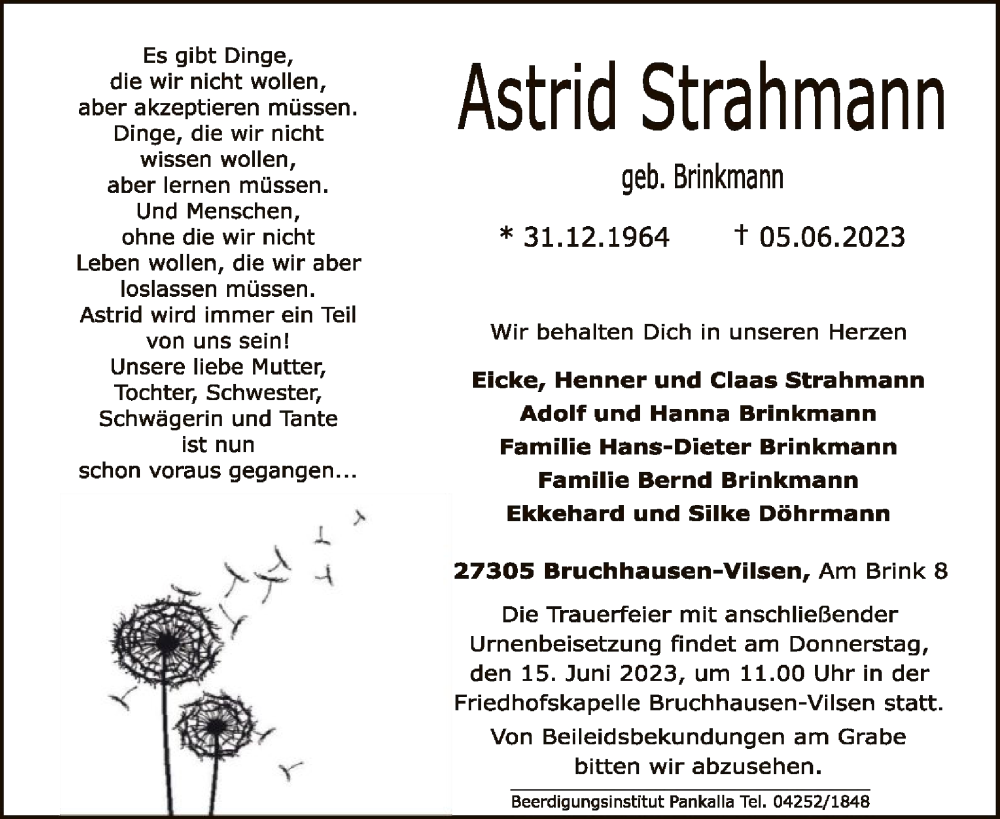  Traueranzeige für Astrid Strahmann vom 10.06.2023 aus SYK