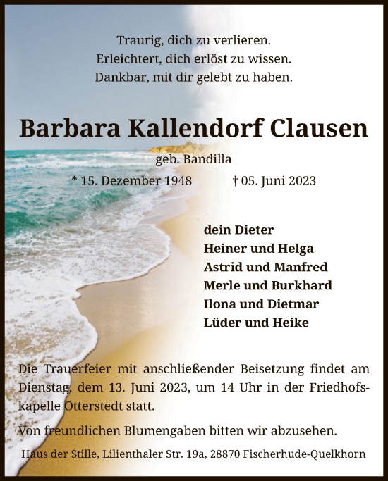 Traueranzeige von Barbara Kallendorf Clausen von SYK