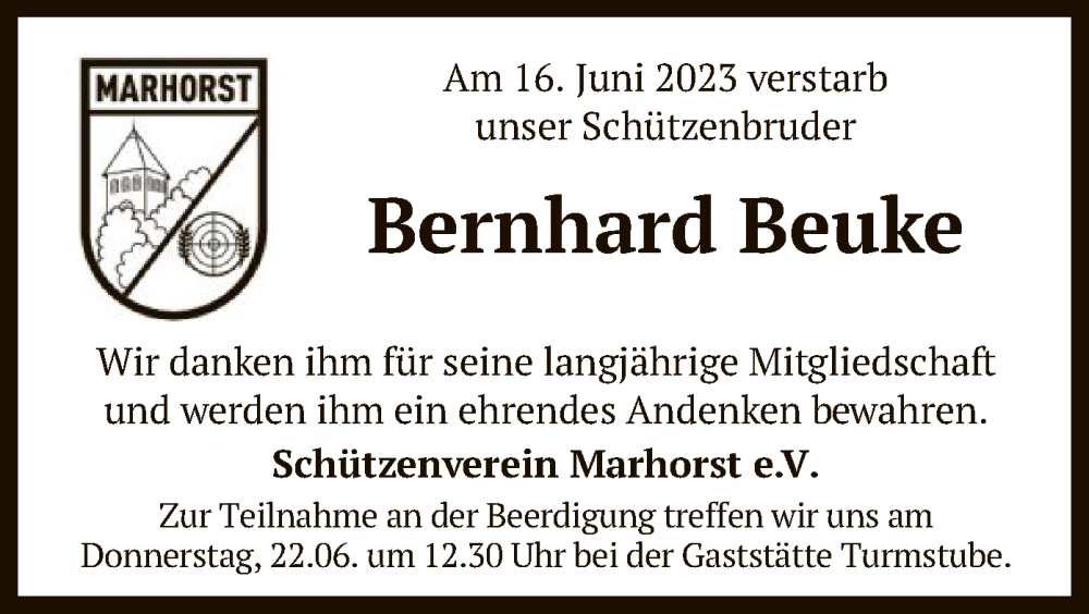  Traueranzeige für Bernhard Beuke vom 20.06.2023 aus SYK