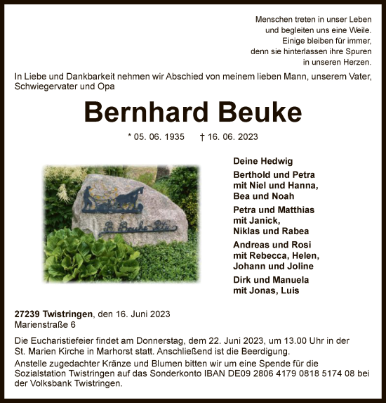 Traueranzeige von Bernhard Beuke von SYK