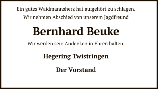 Traueranzeige von Bernhard Beuke von SYK