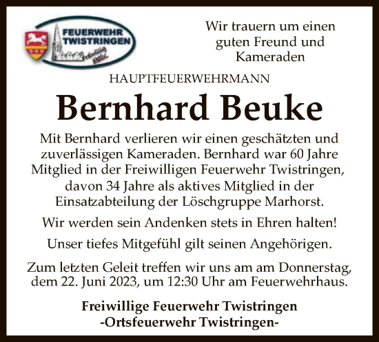 Traueranzeige von Bernhard Beuke von SYK