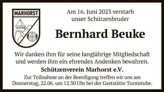 Traueranzeige von Bernhard Beuke von SYK