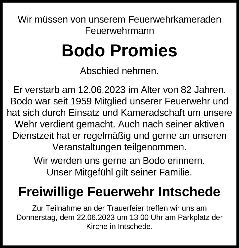  Traueranzeige für Bodo Promies vom 17.06.2023 aus SYK