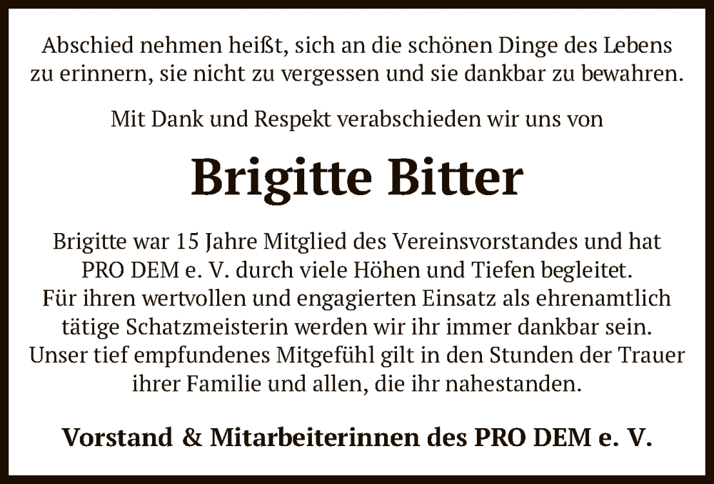  Traueranzeige für Brigitte Bitter vom 17.06.2023 aus SYK