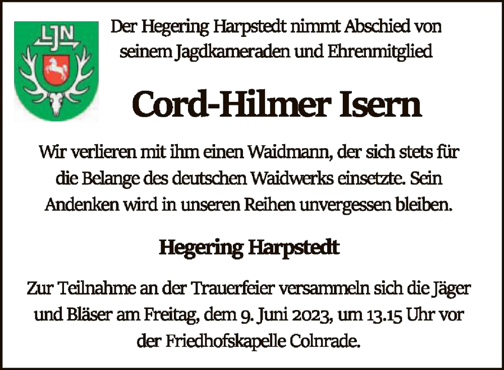  Traueranzeige für Cord-Hilmer Isern vom 06.06.2023 aus SYK