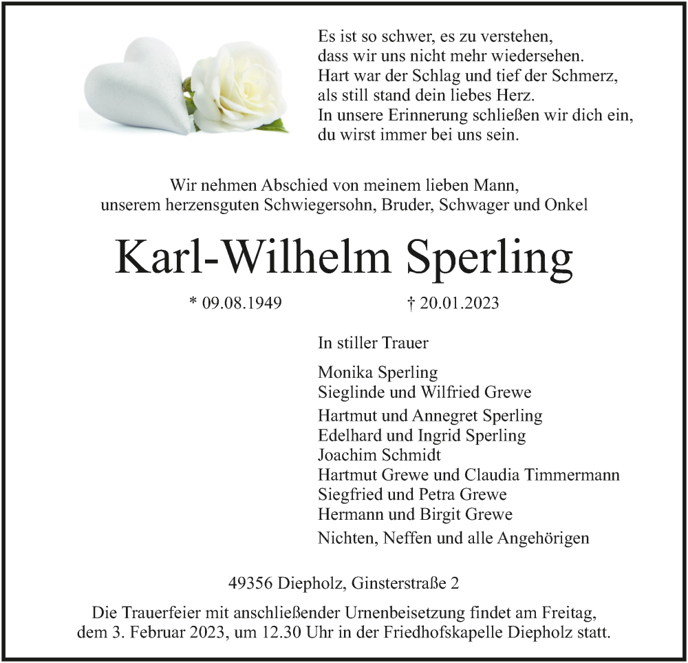  Traueranzeige für Karl-Wilhelm Sperling vom 28.01.2023 aus SYK