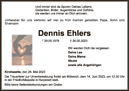 Traueranzeige von Dennis Ehlers von SYK