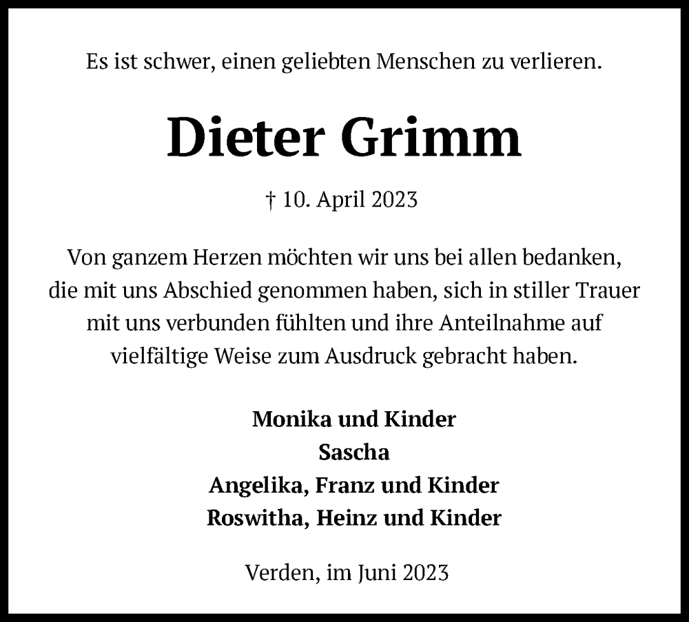  Traueranzeige für Dieter Grimm vom 17.06.2023 aus SYK
