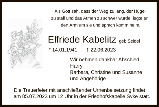 Traueranzeige von Elfriede Kabelitz von SYK