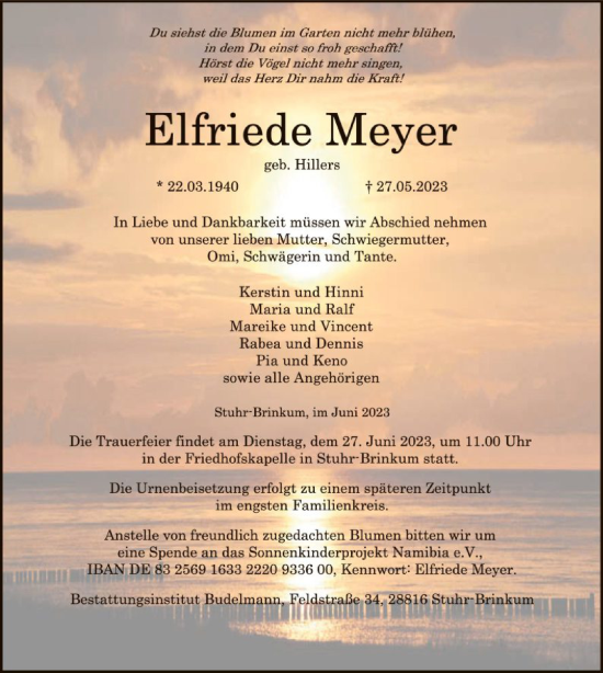 Traueranzeige von Elfriede Meyer von SYK