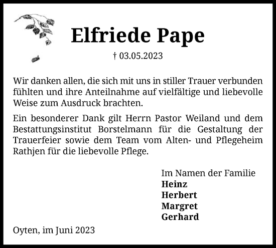 Traueranzeige von Elfriede Pape von SYK