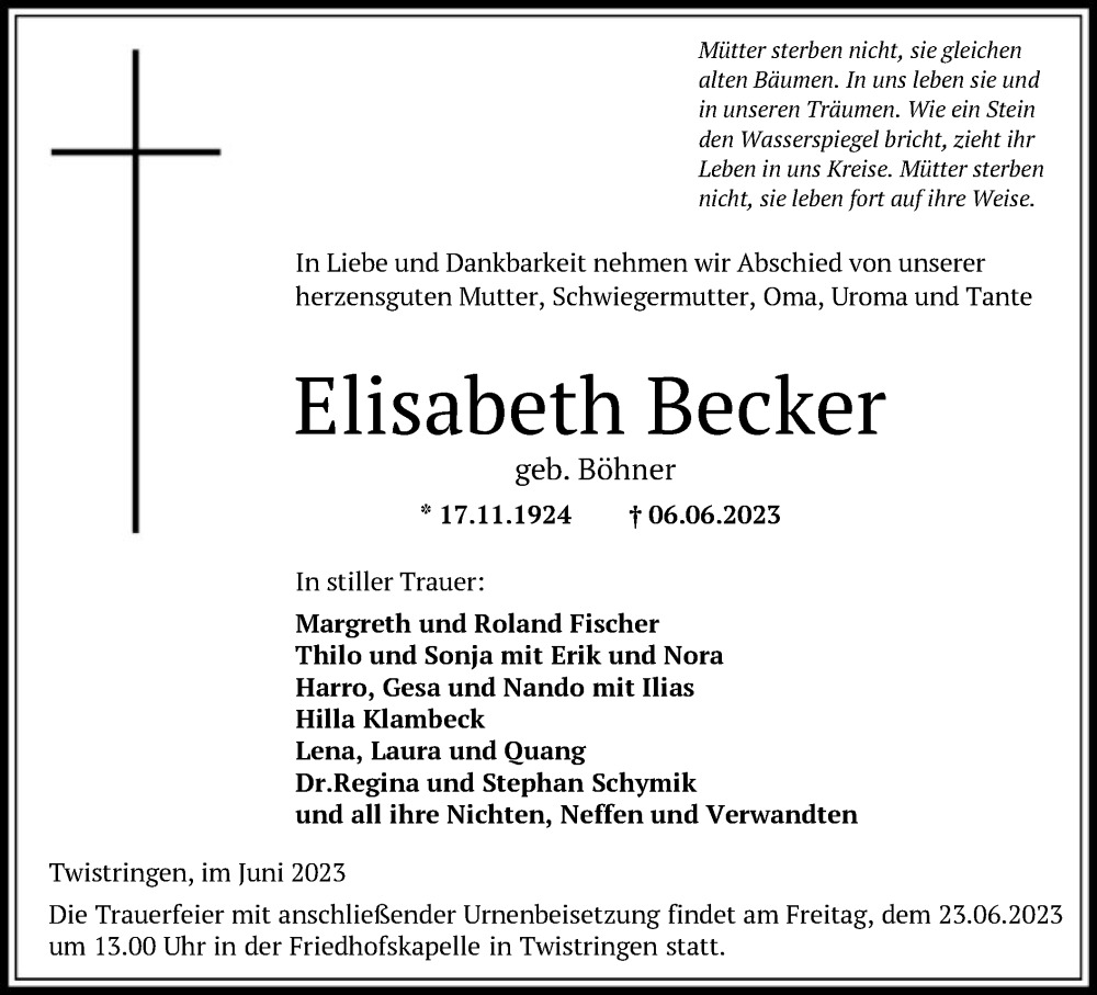  Traueranzeige für Elisabeth Becker vom 17.06.2023 aus SYK