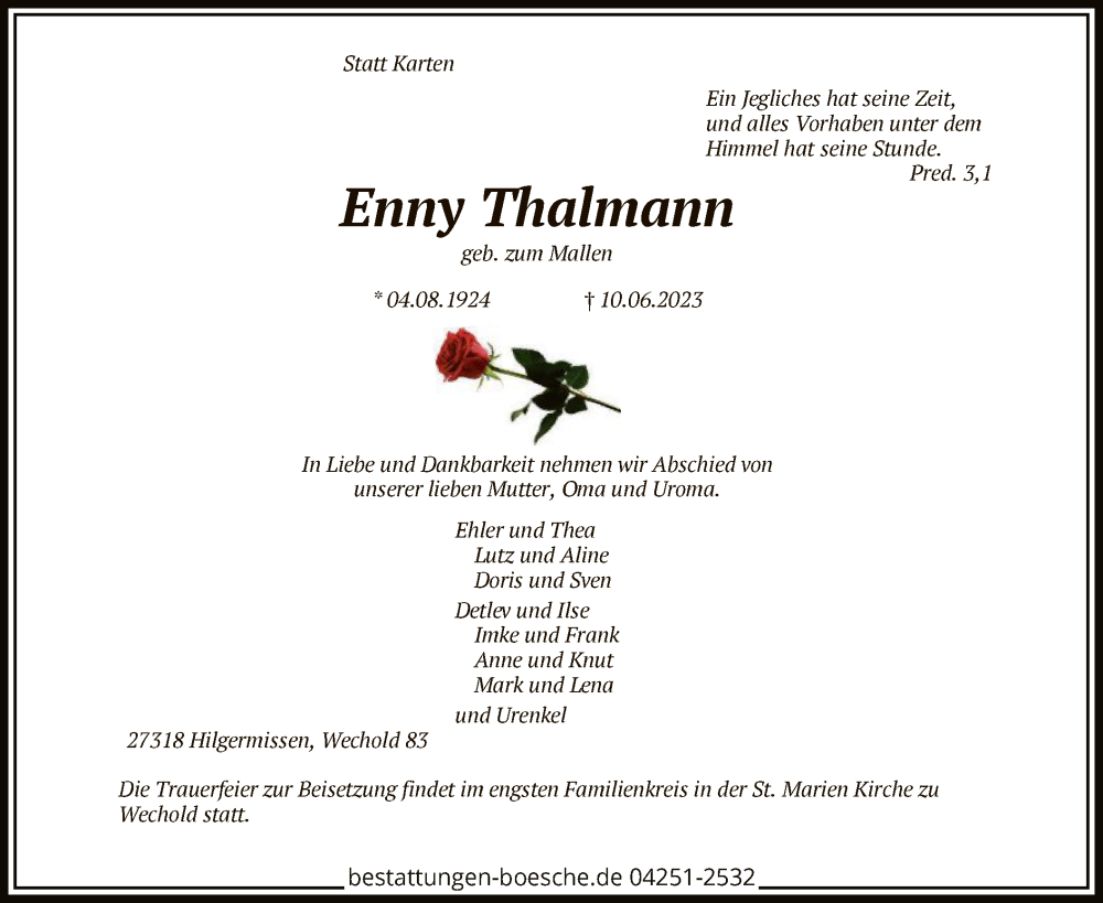  Traueranzeige für Enny Thalmann vom 14.06.2023 aus SYK