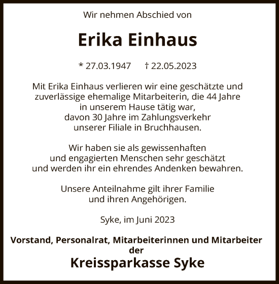 Traueranzeige von Erika Einhaus von SYK