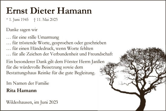 Traueranzeige von Ernst Dieter Hamann von SYK