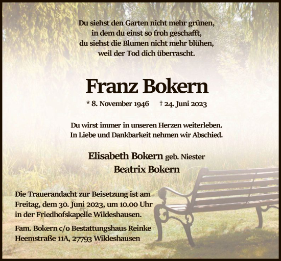 Traueranzeigen Von Franz Bokern | Trauer.kreiszeitung.de