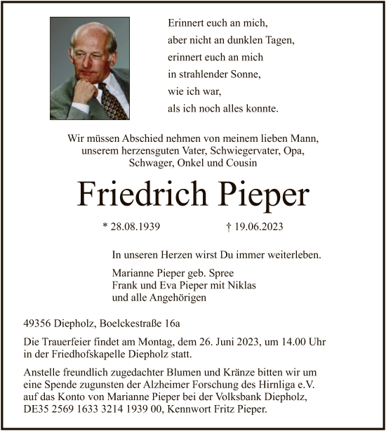 Traueranzeige von Friedrich Pieper von SYK