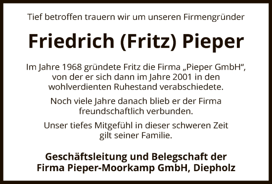 Traueranzeige von Friedrich Pieper von SYK