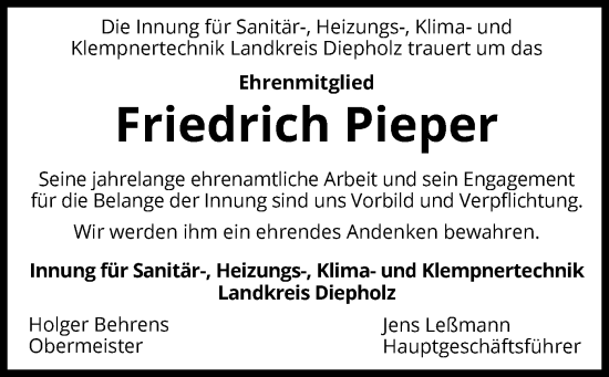 Traueranzeige von Friedrich Pieper von SYK