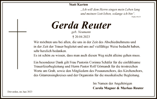 Traueranzeige von Gerda Reuter von SYK