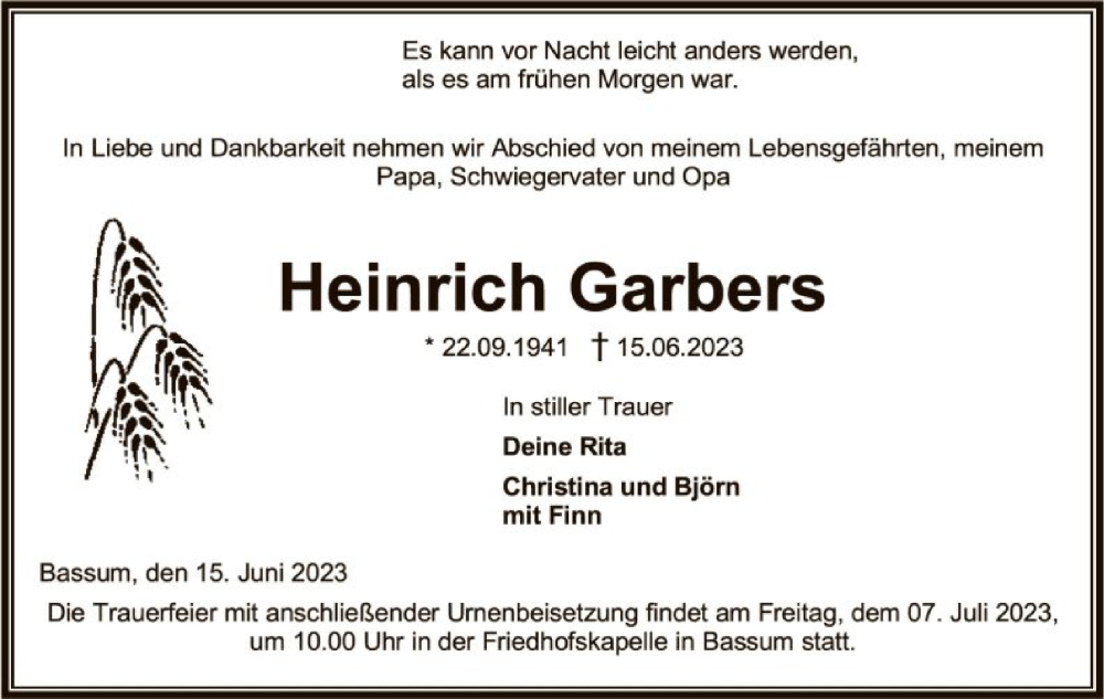  Traueranzeige für Heinrich Garbers vom 24.06.2023 aus SYK