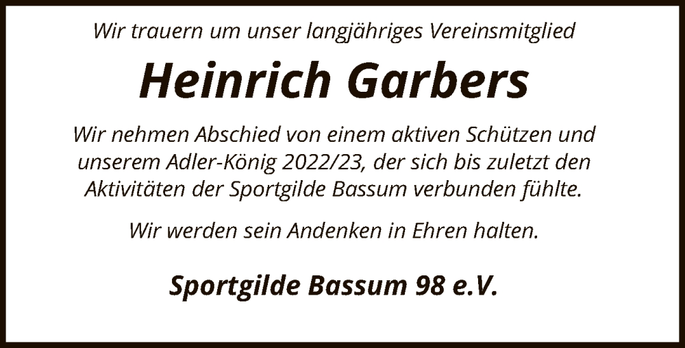  Traueranzeige für Heinrich Garbers vom 24.06.2023 aus SYK