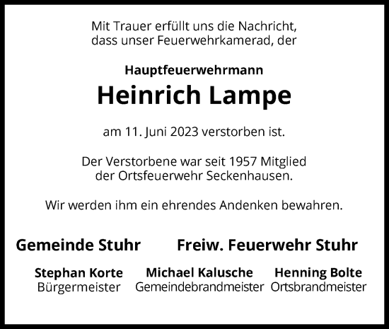 Traueranzeige von Heinrich Lampe von SYK