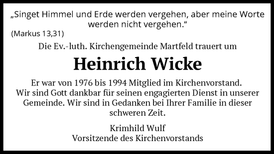 Traueranzeige von Heinrich Wicke von SYK